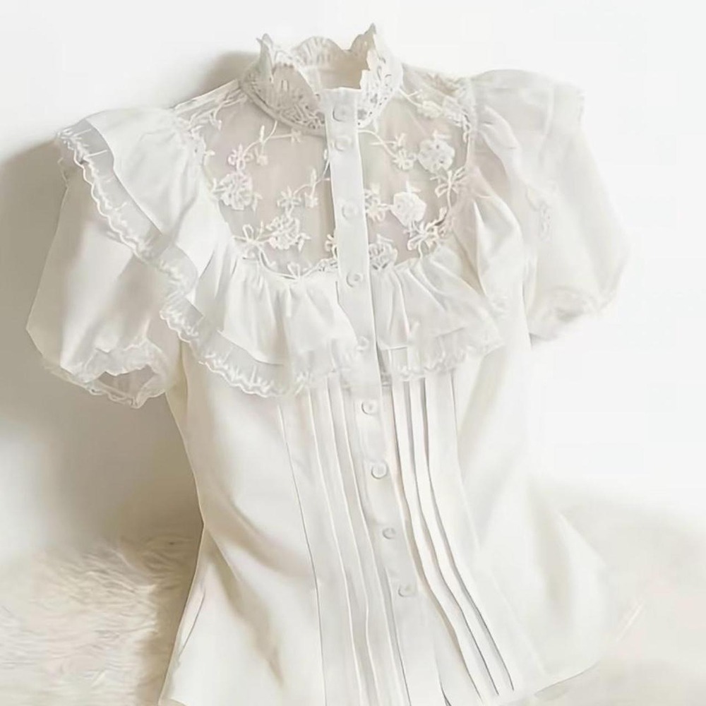 Temu White Lace Ruffle Blouse Floral Embroidery Coquette Cottagecore Large